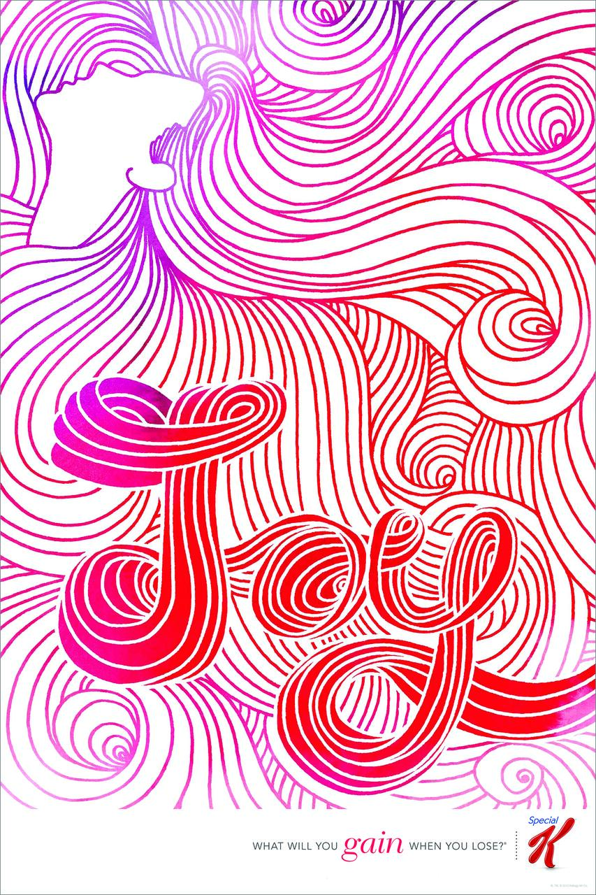 Abstract red and pink swirling lines forming the word "Joy" with a silhouette of a face in profile, eyes closed, and an expression of serenity. A Special K logo is in the lower corner.