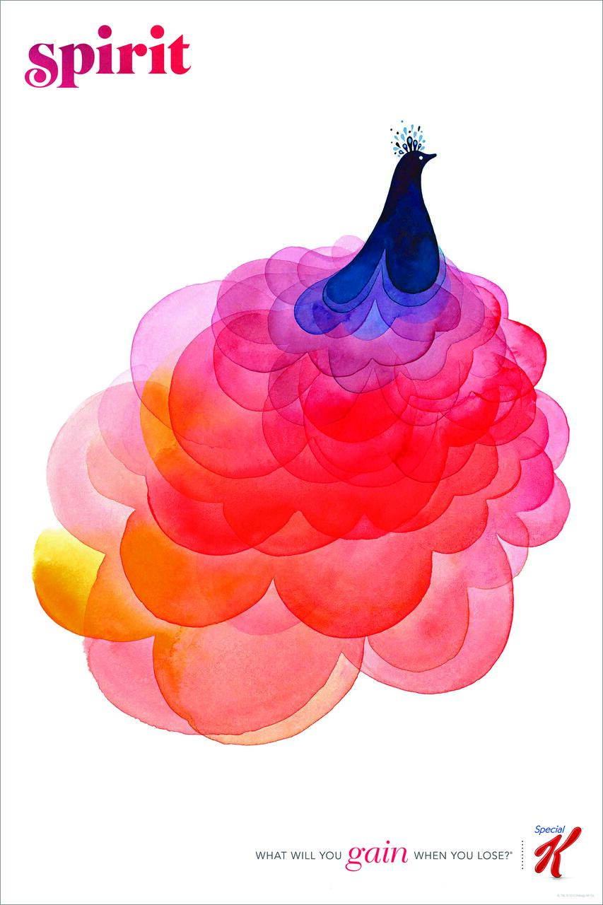 A stylized peacock with a vibrant, multicolored plumage in shades of pink, red, orange, and purple, set against a white background. The composition is artistic and abstract, emphasizing the peacock's elegant form.