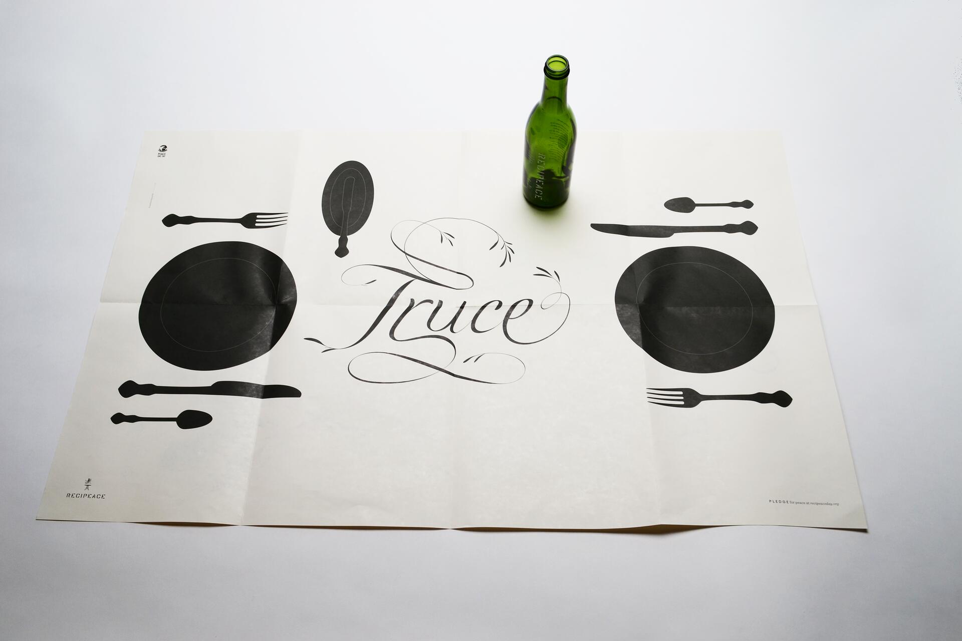 Dining set illustration on paper with the word "Truce" in elegant script, featuring black silhouettes of plates, cutlery, and a green bottle standing upright on the side.