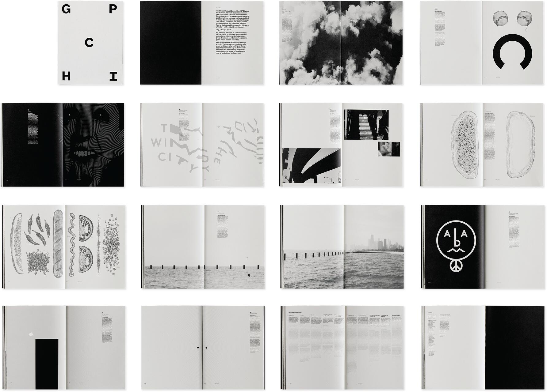 Open books laid out in a grid with various black and white designs, text, and photos. Pages include abstract patterns, images of clouds, a city skyline, geometric shapes, and illustrated food items. Some pages show full-page images, while others have text.