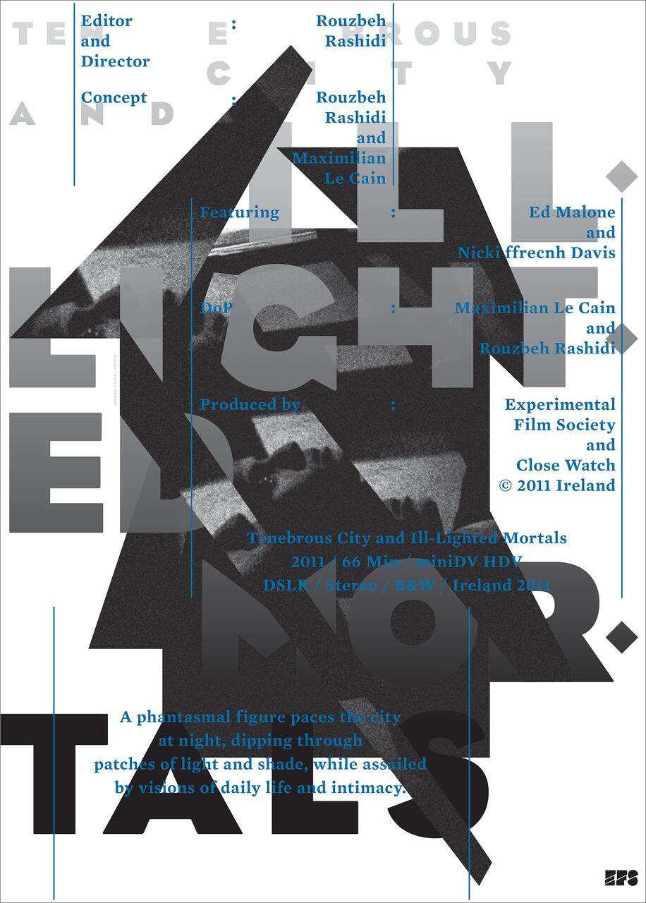 Abstract black and white poster for "Tenebrous City and Ill-Lighted Mortals" with overlapping geometric shapes and text about credits, featuring an eerie, grainy image of a city at night.