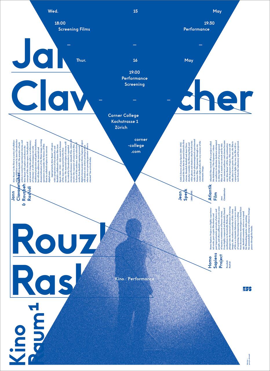 Concert poster with blue geometric design and silhouette of a person. Text includes dates and times for screenings and performances at Corner College, Zürich.