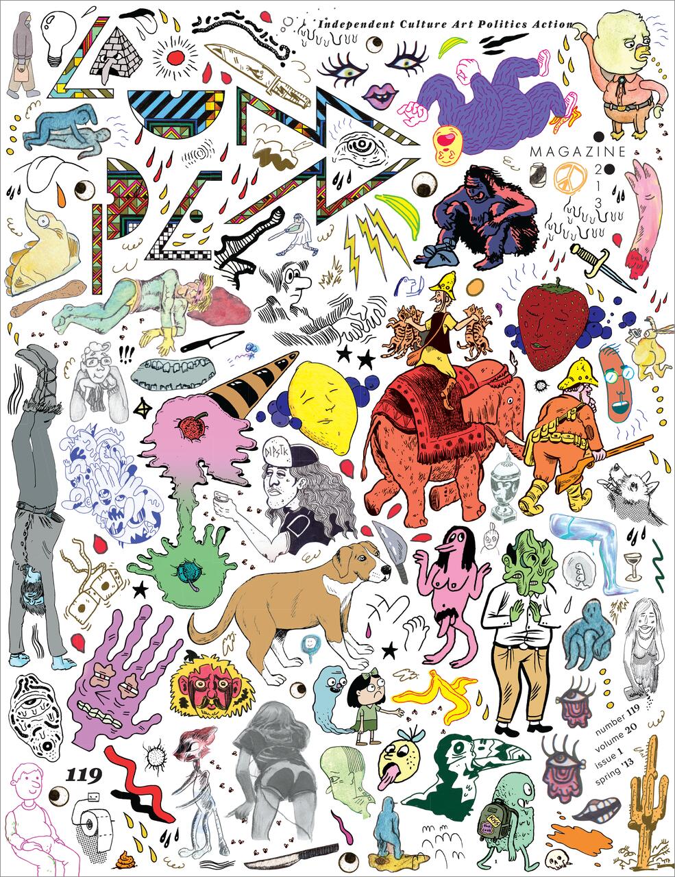 Colorful and eclectic collage of various abstract illustrations and doodles, including animals, faces, shapes, and patterns, with vibrant colors and playful characters scattered throughout.