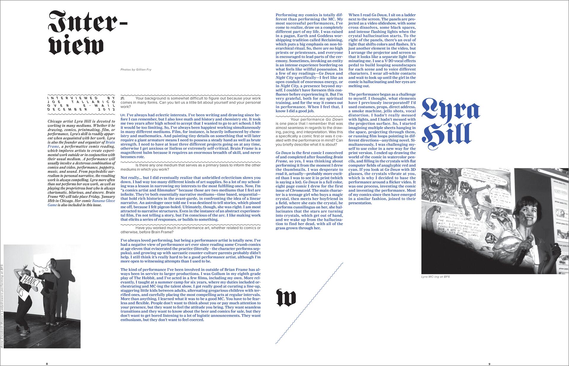 Text-heavy magazine spread featuring an interview with Lyra Hill. Includes a black and white photograph of Lyra MC-ing at BF6, with a projection in the background. The layout has multiple columns of text and artistic elements, with "Lyra Hill" prominently displayed.