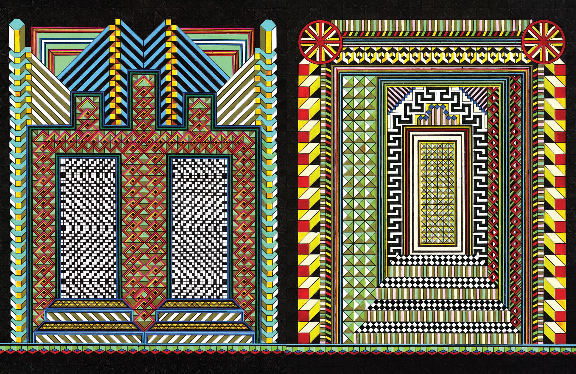 Intricate geometric patterns with bold colors including red, yellow, blue, and green against a black background. The left side features vertical and horizontal stripes, while the right shows concentric rectangles and triangles.