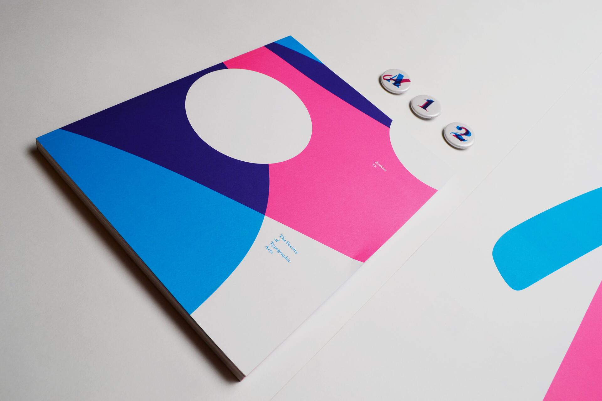 Colorful geometric brochure with pink, blue, and purple shapes, alongside three numbered buttons: 4, 1, 2.