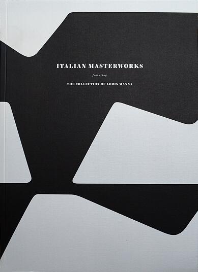 Black and white abstract book cover titled "Italian Masterworks featuring The Collection of Loris Manna."