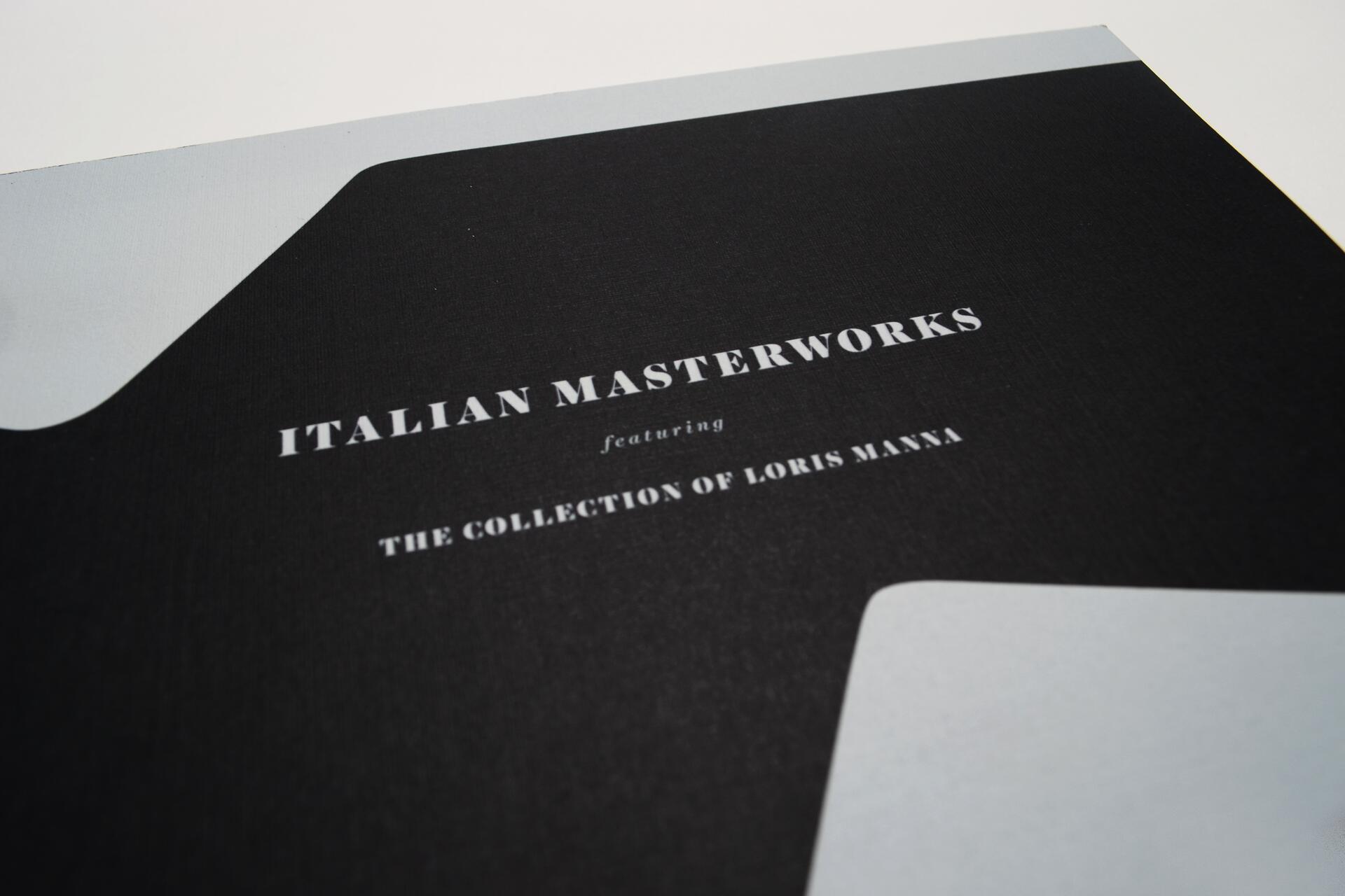 Black and gray booklet cover with the text "Italian Masterworks featuring The Collection of Loris Manna" in white, set against minimalist geometric shapes.