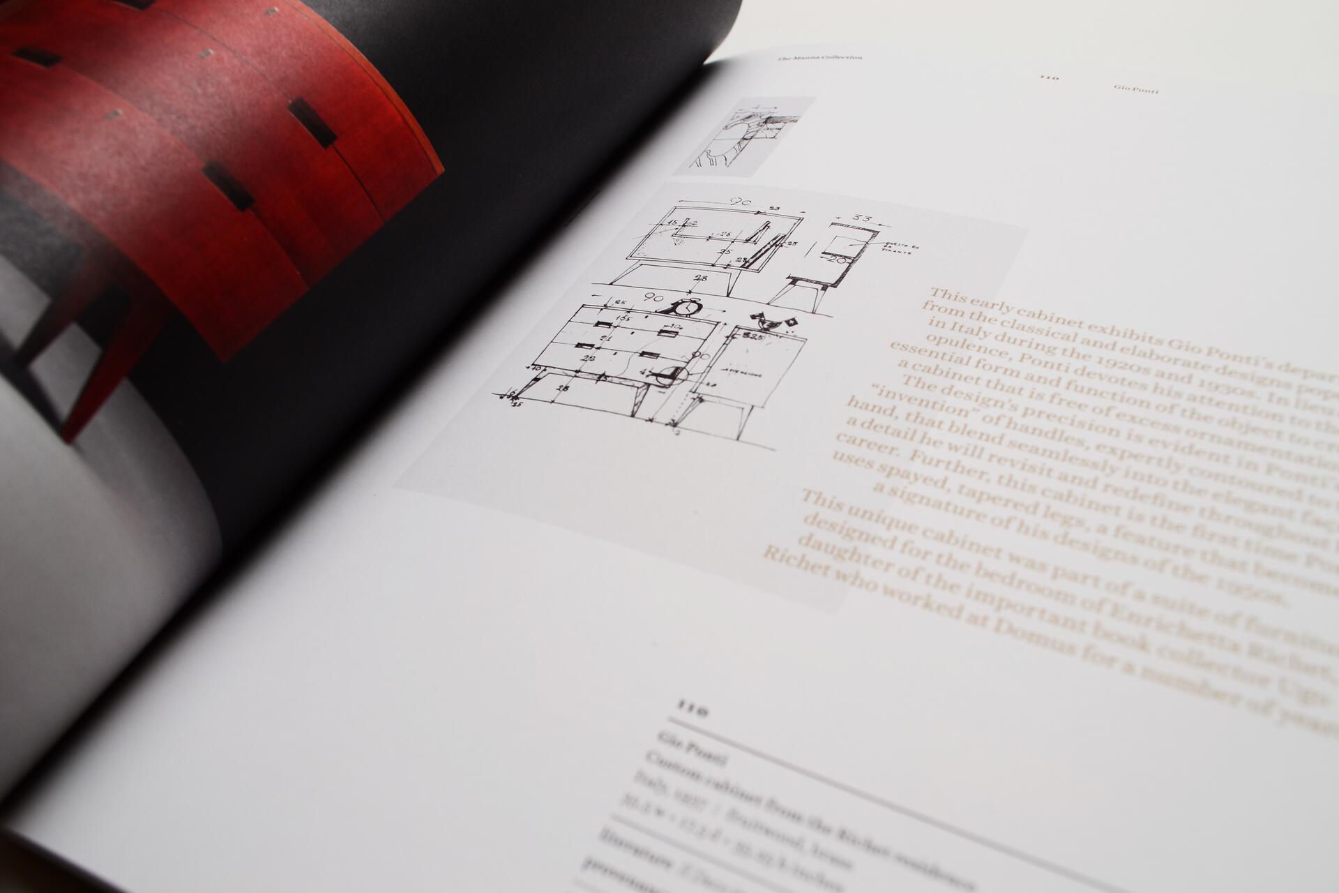 Open book showing a red cabinet photograph on the left page and a technical drawing of a cabinet on the right. The right page also contains text in a light brown font, with headlines and paragraphs discussing design details.