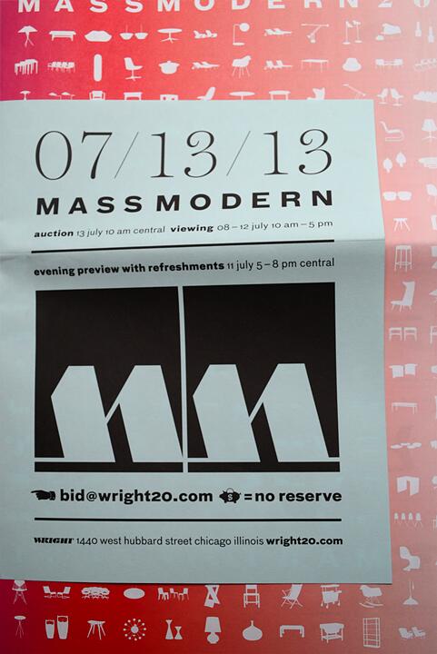Event flyer for "Mass Modern" auction on July 13, 2013, with preview on July 11. Blue paper with black and white text over red background featuring white icons of furniture and objects.