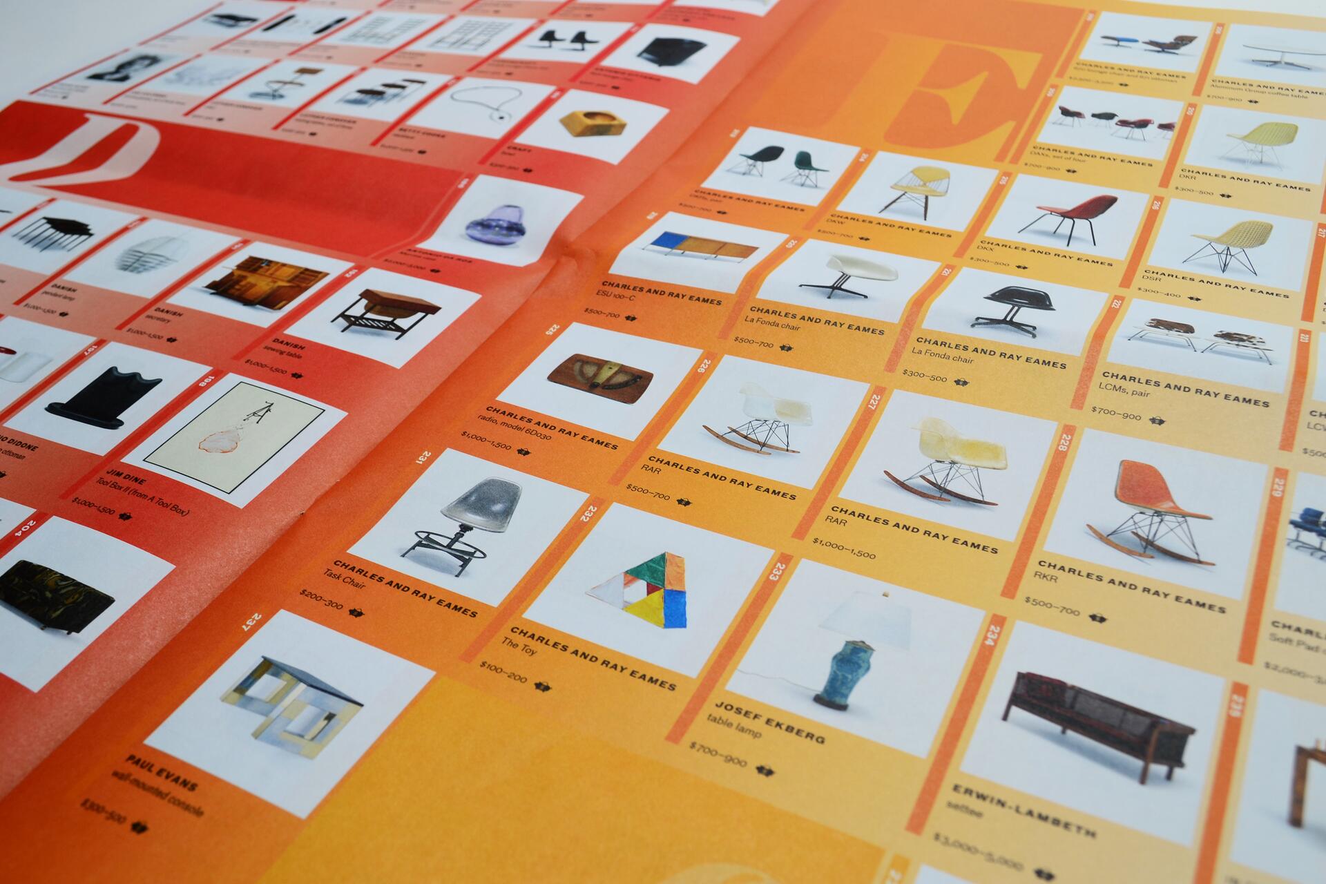 Catalog pages featuring various modern furniture items on a gradient orange background, including chairs and tables, with product names and estimated prices.