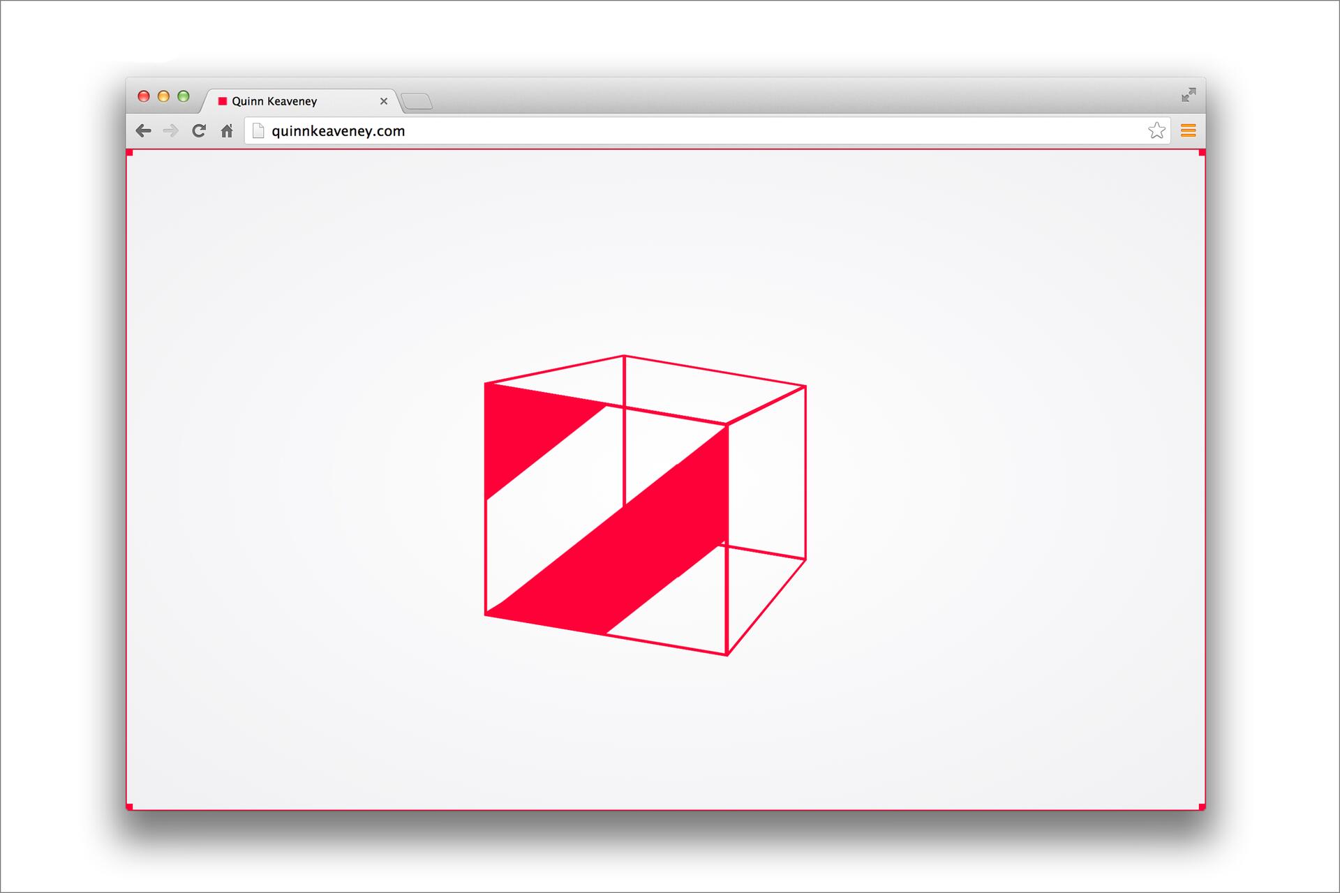 Web page showing a minimalist red and white geometric cube design on a light background.