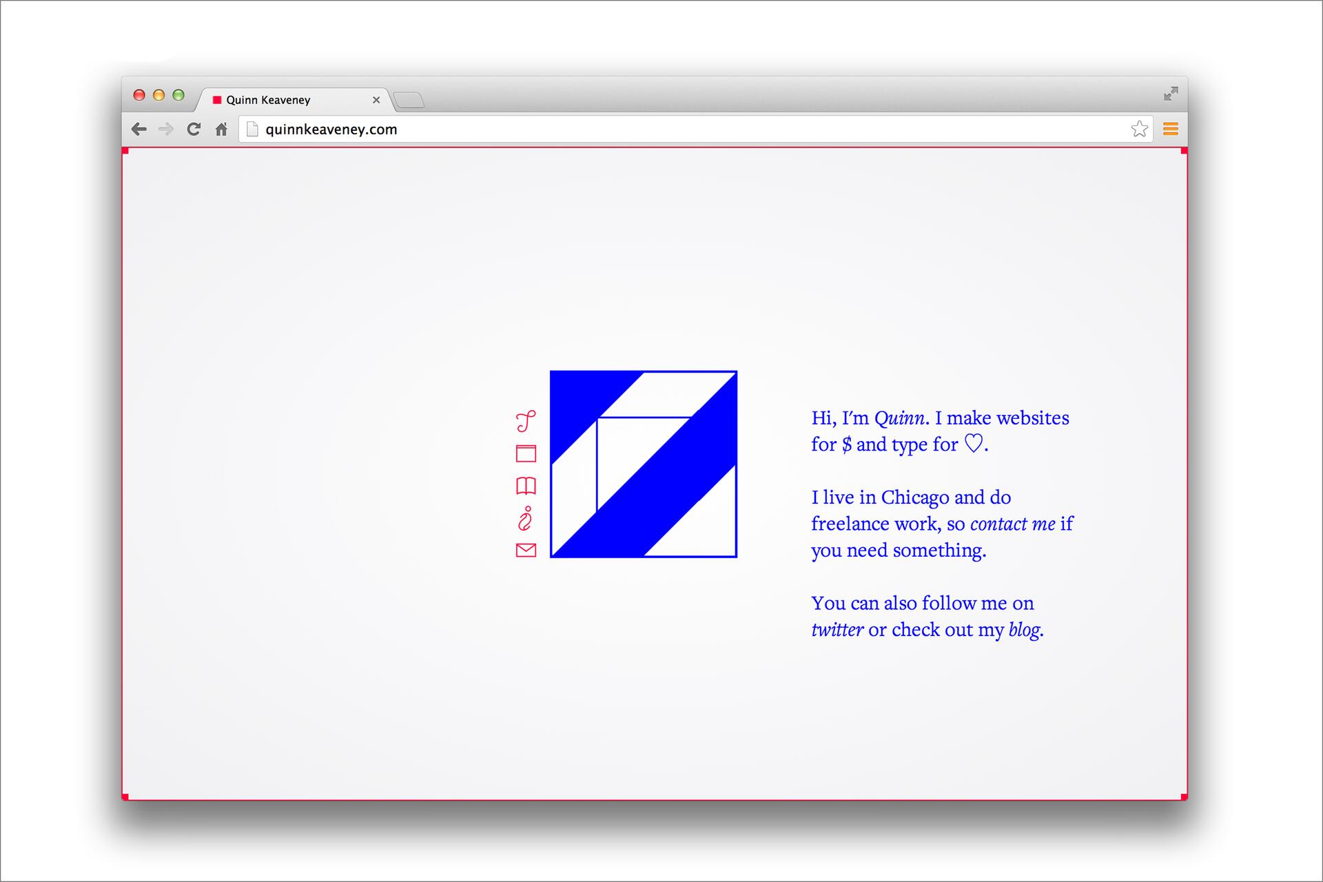 A minimalist webpage with a blue geometric logo on the left. Red icons for various links are beside the logo. To the right, text introduces Quinn, a freelance website and typography creator based in Chicago.