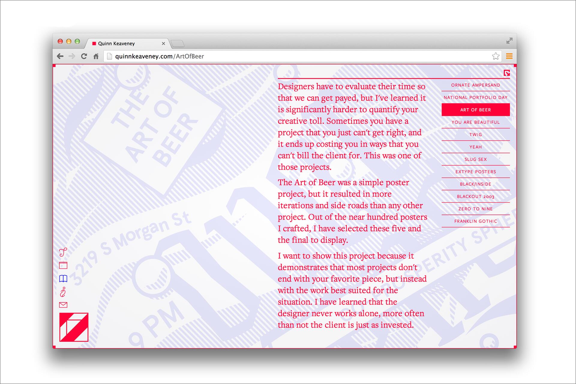 Webpage featuring text about a graphic design project, "The Art of Beer," discussing creativity and client challenges. The right sidebar lists project titles, and the background has faint beer-themed graphics in light purple.