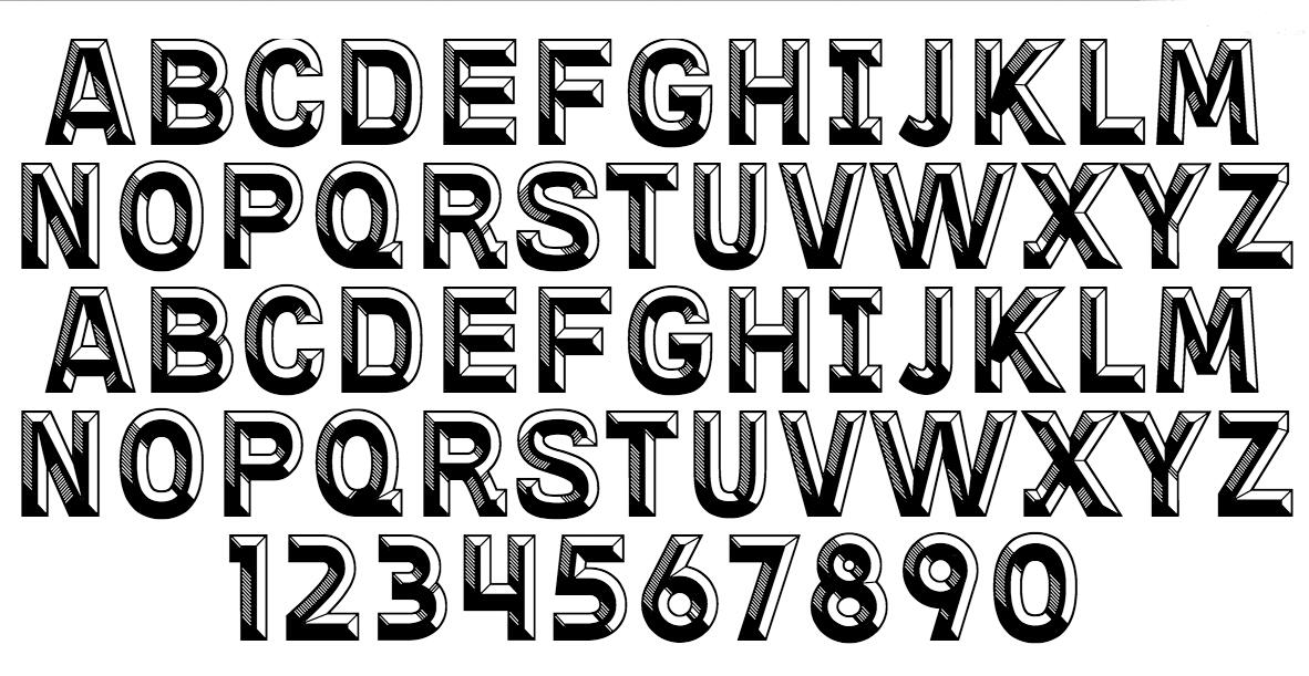 Capital letters A to Z and numbers 1 to 9 in black, bold, 3D block style with diagonal lines inside, arranged in four rows on a white background.