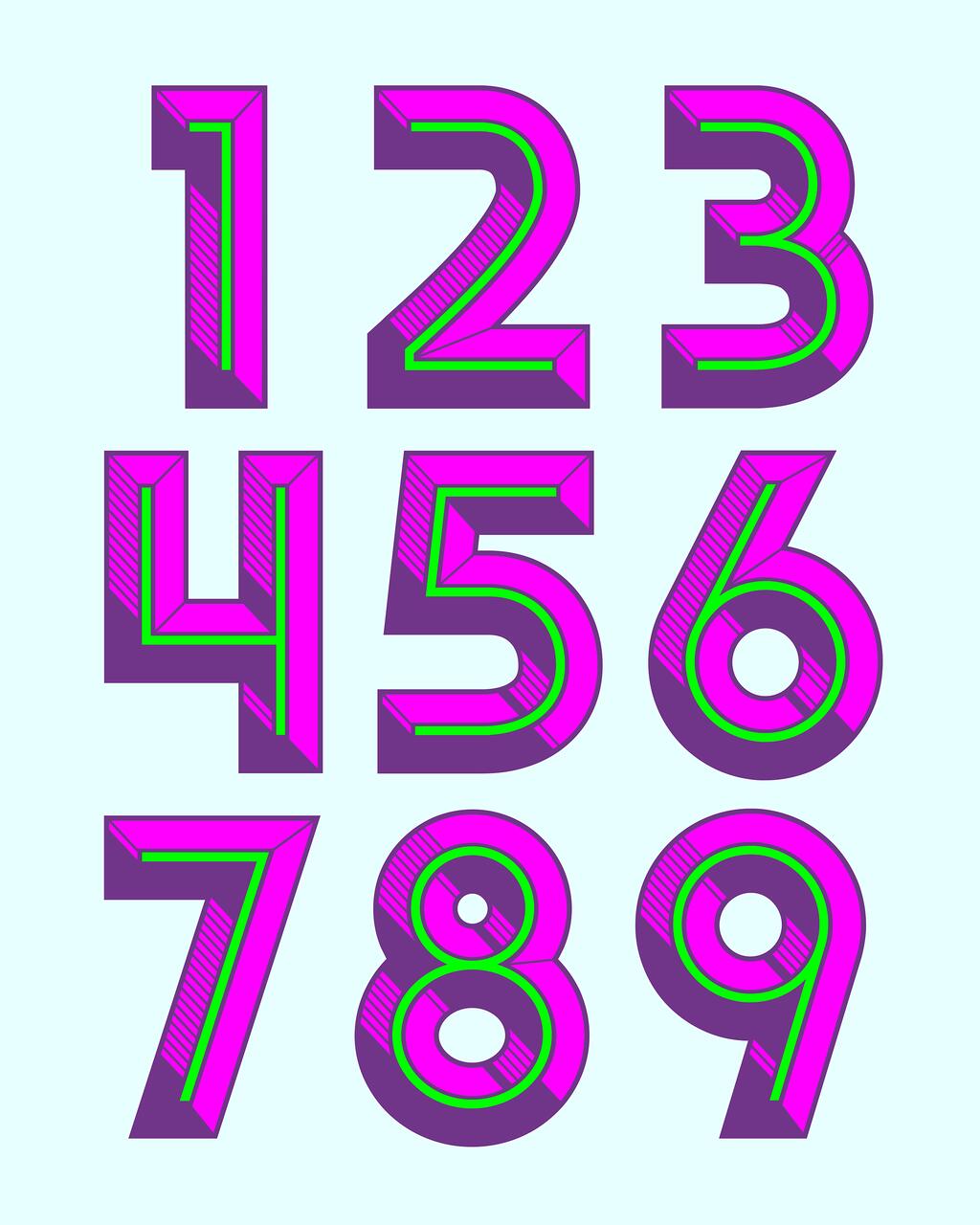 Colorful graphic of numbers 1 to 9 in bold, 3D style. Each number is pink with green accents, creating a vibrant contrast. Numbers are arranged in three rows against a light blue background, with a playful, neon effect.
