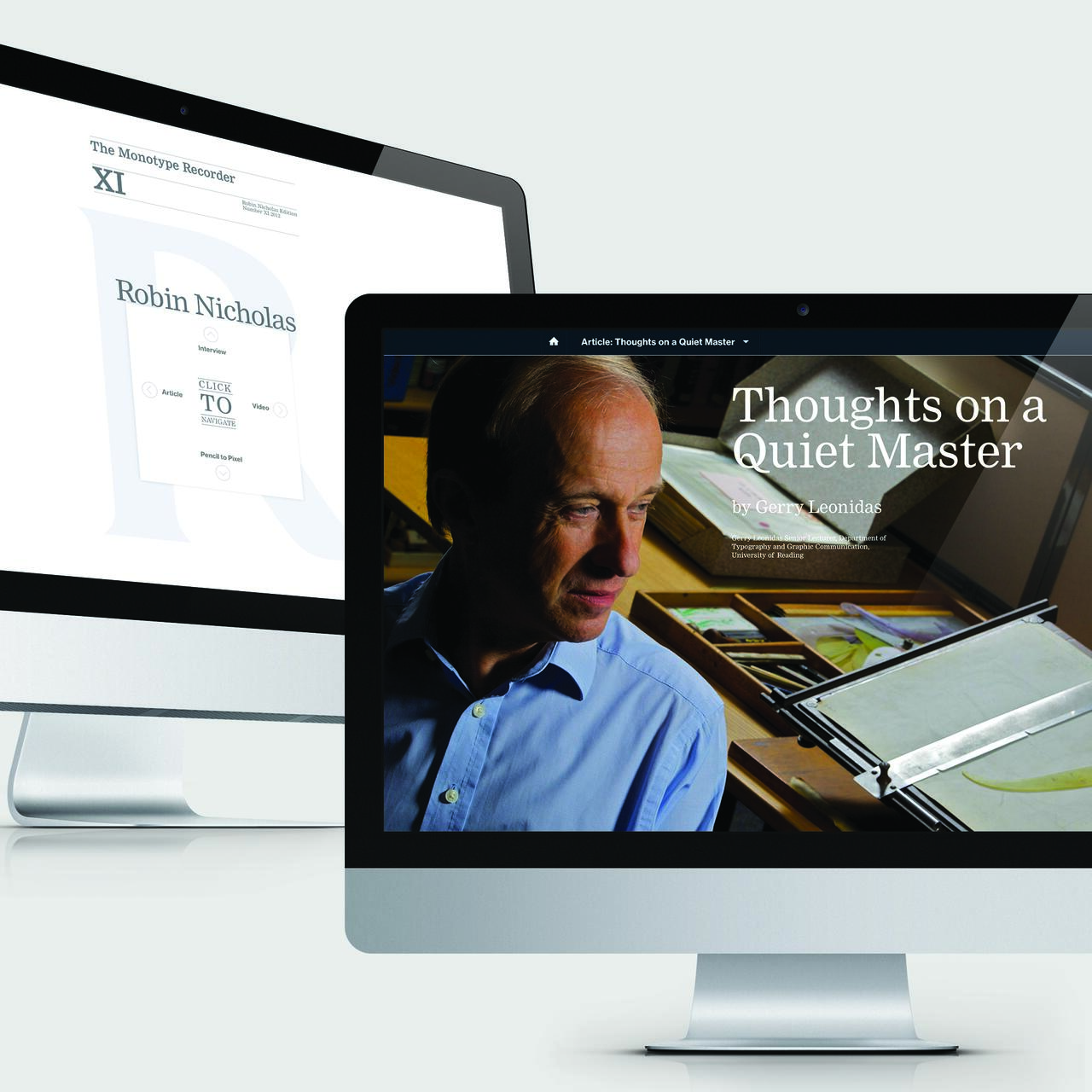 Two computer screens displaying articles; the left screen shows a title with the name Robin Nicholas, and the right screen features an article titled "Thoughts on a Quiet Master" with a man in a blue shirt.