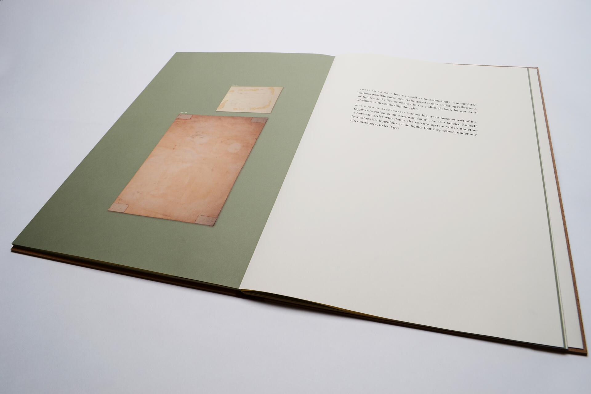 Open book with text on the right page and two faded document images mounted on a green background on the left page, one larger than the other.