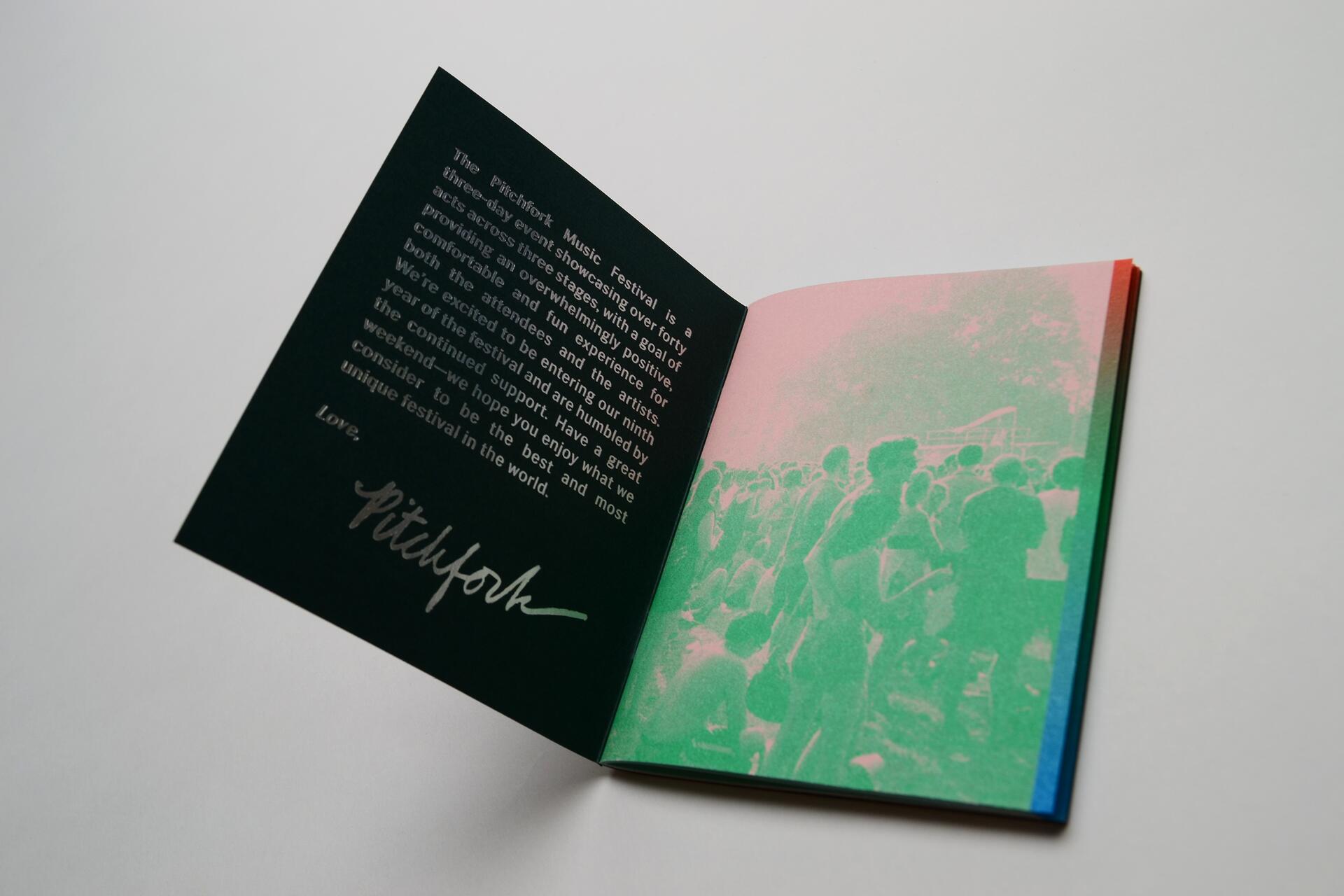 Open booklet with text on the left page and a crowd image with green and pink hues on the right.