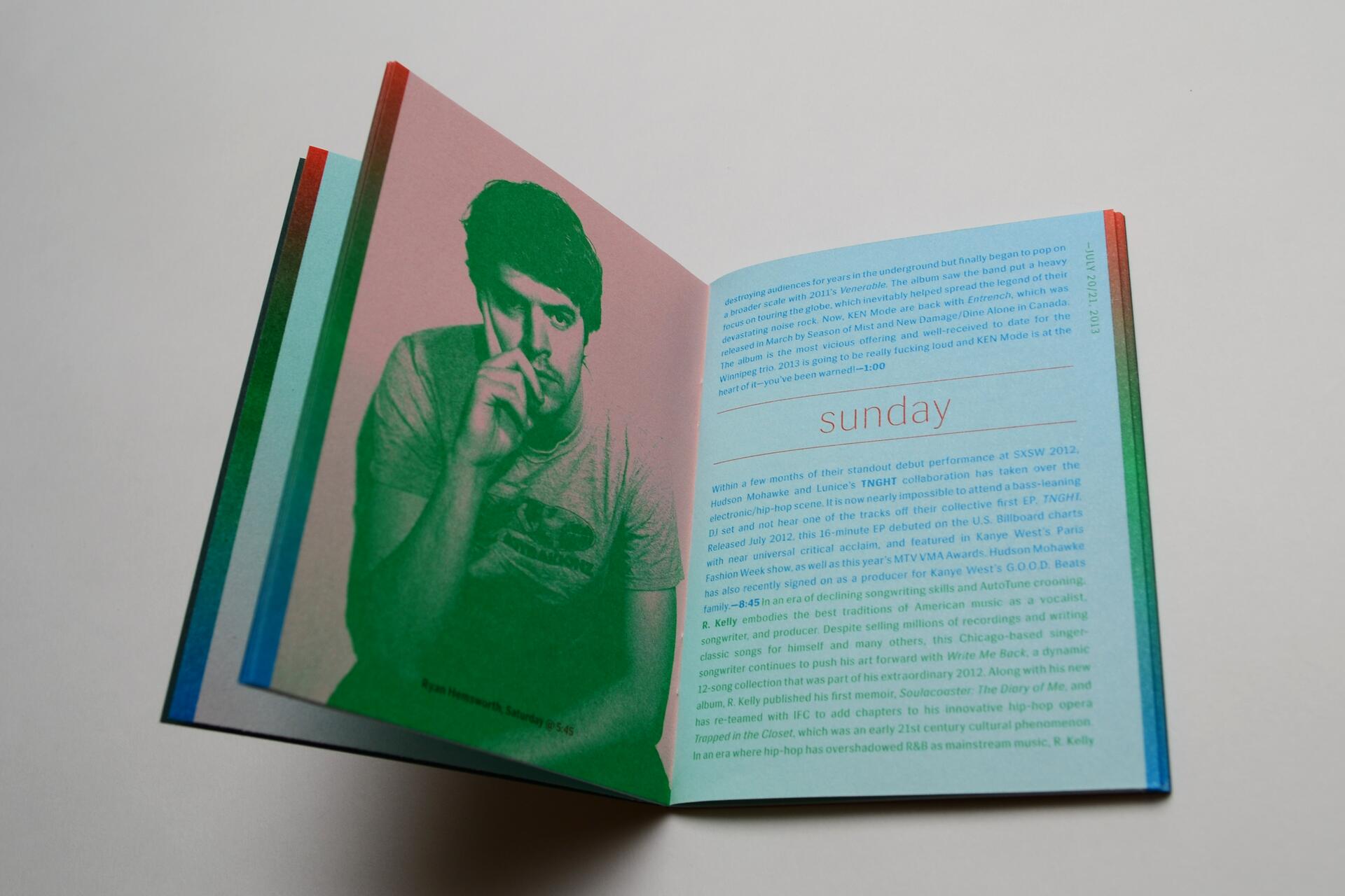 Open booklet showing a tinted portrait of a man on the left page with text and the word "Sunday" on the right page. The portrait is in green and pink tones, and the right page has blue hues with red and black text.