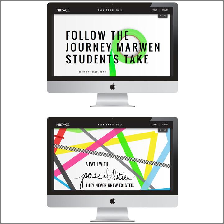 Two computer screens display dynamic website designs with bold text. Top screen reads "Follow the journey Marwen students take" over a simple background. Bottom screen shows colorful diagonal lines with the text "A path with possibilities they never knew existed."
