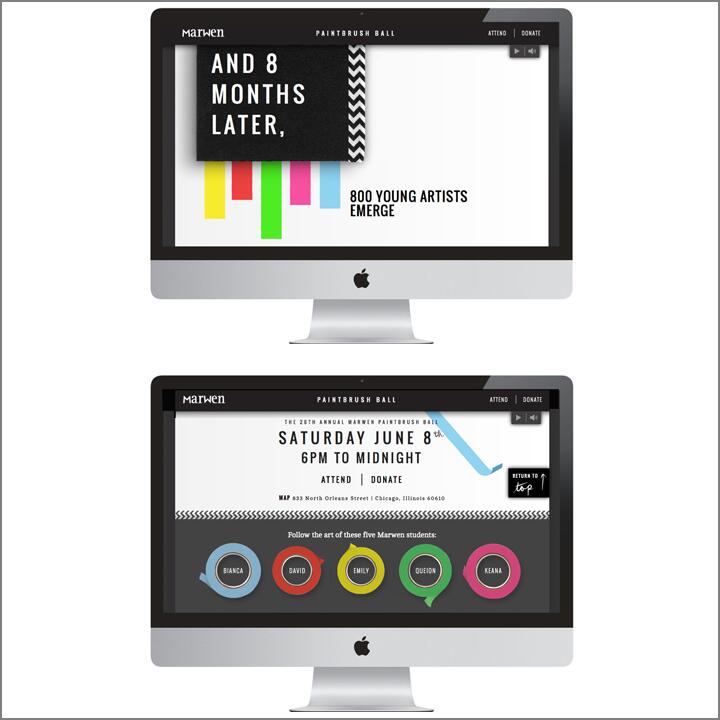 Two computer screens display a website for the Marwen Paintbrush Ball. The first screen announces "800 Young Artists Emerge" with colorful strips. The second details event date, location, and features names encircled in colors.