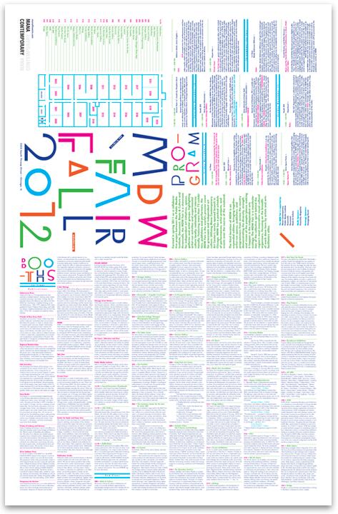 Colorful poster with text in various fonts and orientations, featuring "MDW Fair" and "Fall 2012" prominently. Includes a floor plan, program details, and booth information. Text is in multiple colors on a white background.