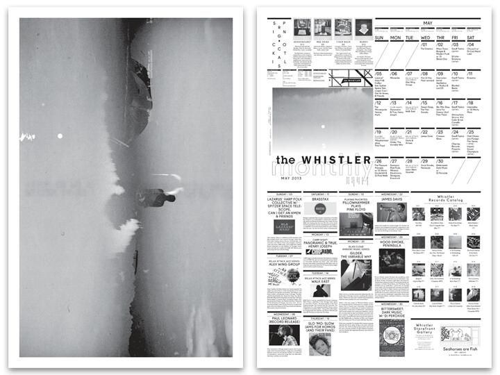 Black and white graphic featuring a calendar and newsletter layout, titled "the WHISTLER" for May 2013. The left side shows an abstract image with a large moon or sun, while the right side includes event details, small photos, and text blocks.