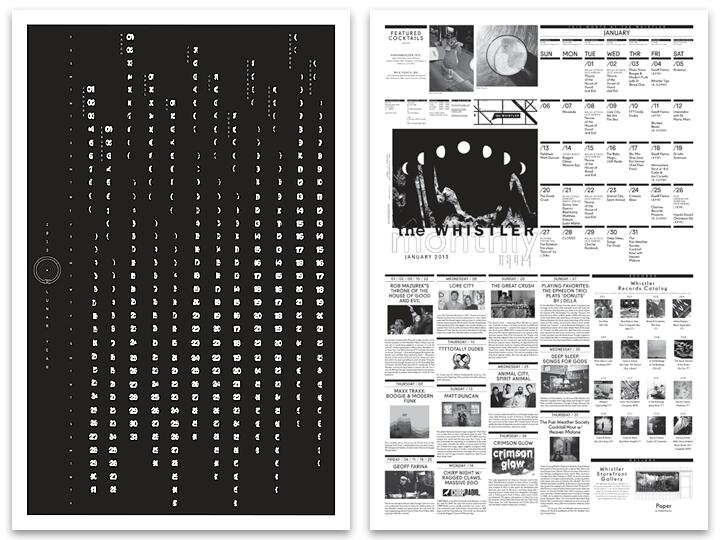Two-page design: left is a black page with white abstract motif and numerals, right is a black and white calendar for January 2013 with images and text.