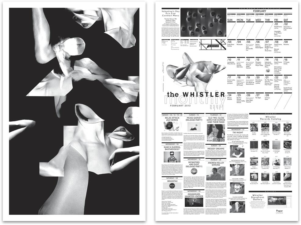 Black and white graphic featuring abstract, fragmented human figures on the left and a calendar with event listings for February 2013 on the right.