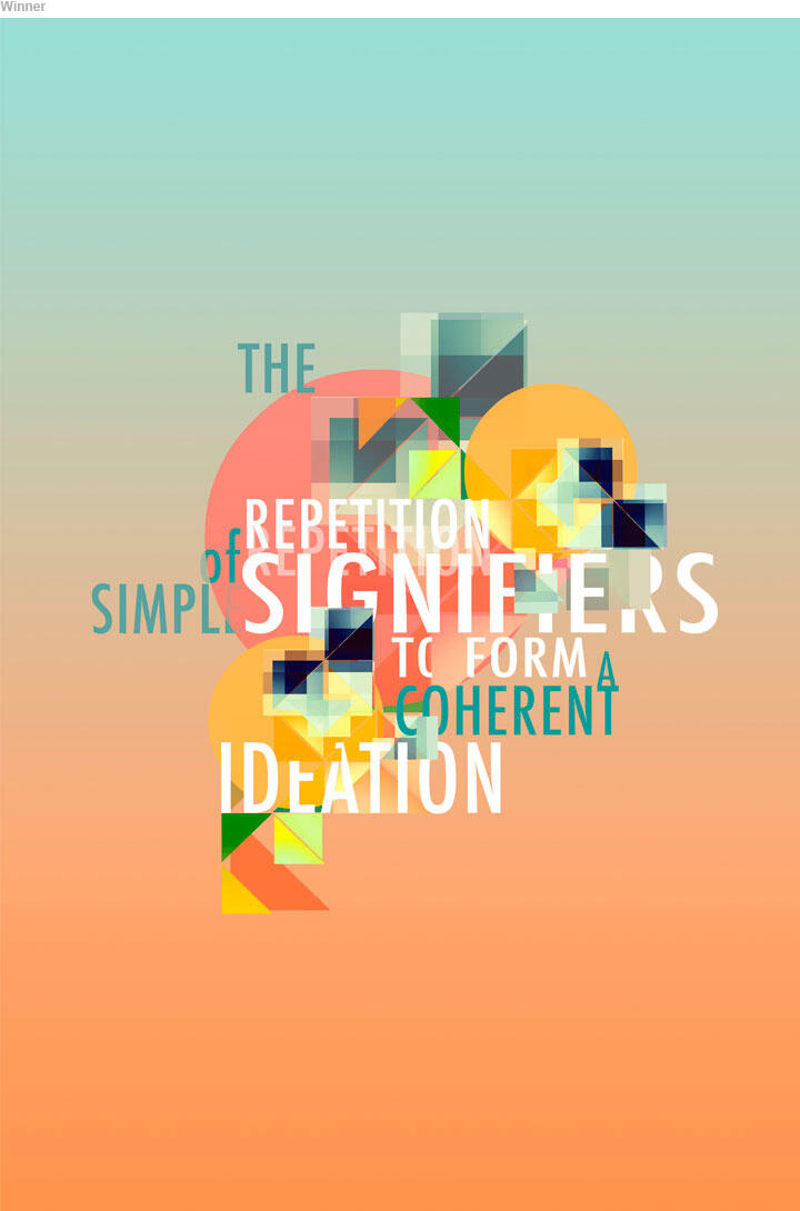 Abstract graphic with colorful geometric shapes and layered text reading "Repetition of Signifiers to Form a Coherent Ideation." Background transitions from teal at the top to peach at the bottom.