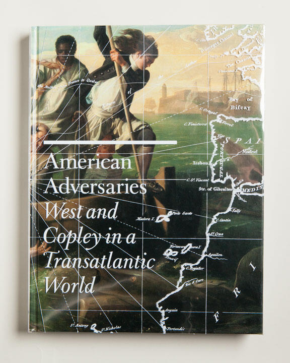 Book cover featuring a classical painting of two figures rowing with a superimposed map of the Atlantic Ocean and text that reads "American Adversaries: West and Copley in a Transatlantic World."