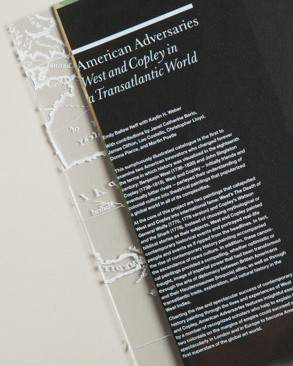Black book with white text titled "American Adversaries: West and Copley in a Transatlantic World" resting on a translucent map overlay.