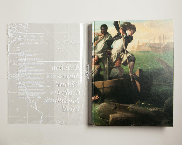 Two books side by side, one featuring a historical painting of sailors in a boat with boats visible in the background, and the other showing a translucent cover with text and a map design.