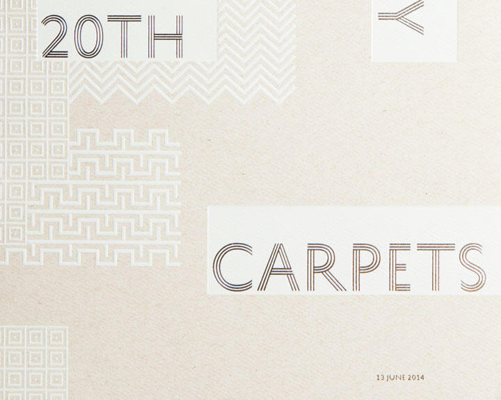 Abstract design with geometric patterns and stylized text reading "20th Carpets," featuring a beige background.