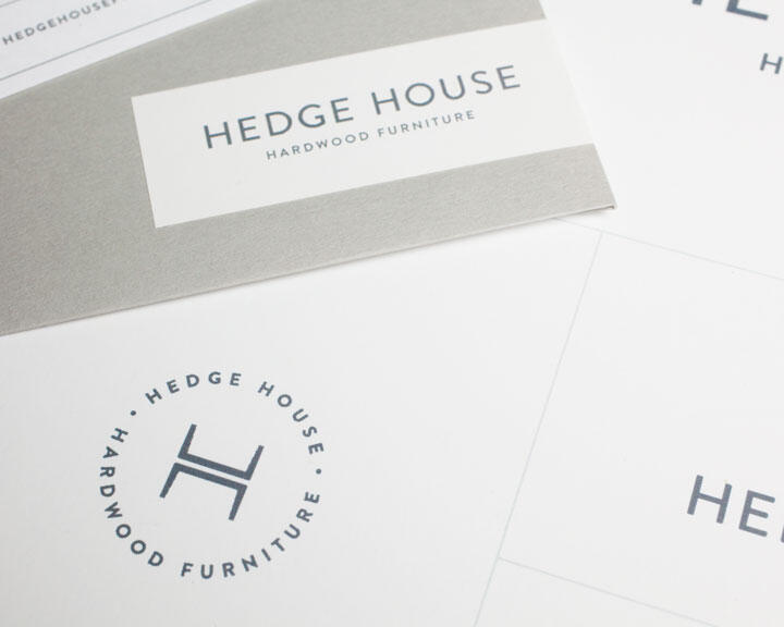 Hedge House logo and stationery design featuring circular and rectangular elements with "Hardwood Furniture" text, styled in a minimalist gray palette.