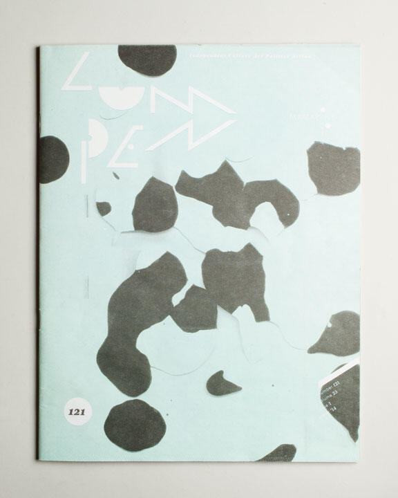 A light blue page with abstract black shapes scattered across it, featuring stylized white text and a small white circle labeled "121" in the bottom left corner.