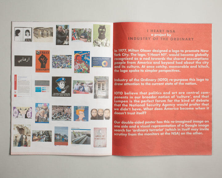 Magazine spread featuring various images and text. The left page displays a collage of images relating to surveillance and culture. The right page contains text describing a project by "Industry of the Ordinary," discussing cultural and political themes and reimagining a logo.