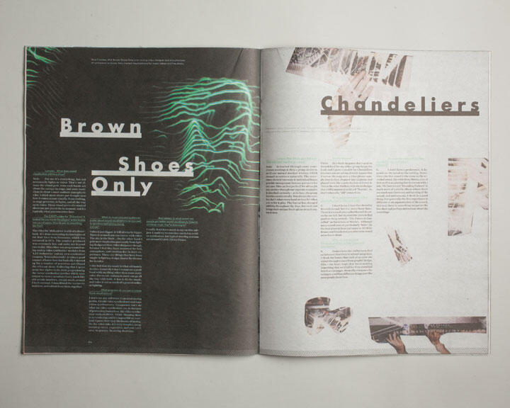Magazine spread with two-page layout. Left page has text "Brown Shoes Only" over a dark background with green abstract lines. Right page titled "Chandeliers" features text with abstract geometric images and a light gray background.