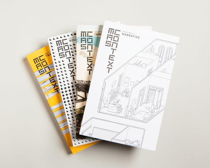 Four architectural magazines titled "MAS Context" are fanned out. The front one features a line drawing of a building's interior, while the others have various abstract patterns and imagery.