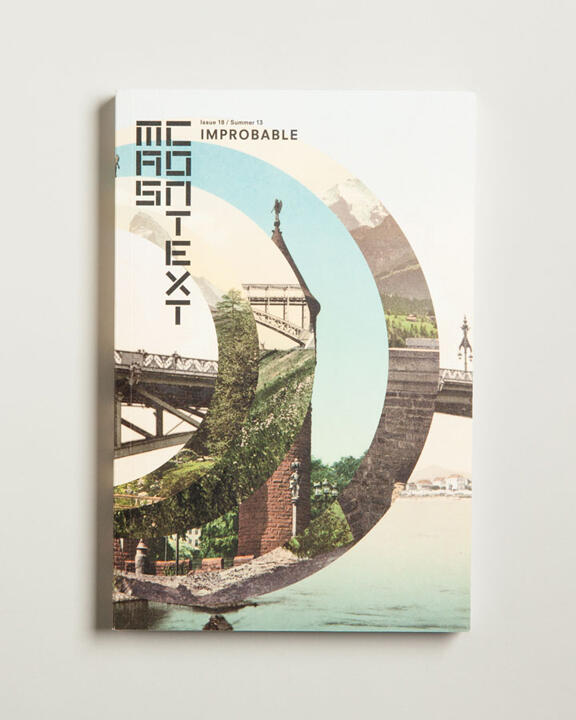 Magazine cover with a collage of a bridge and mountain landscape, featuring the title "Improbable" and vertical text "CONTEXT" in stylized fonts.