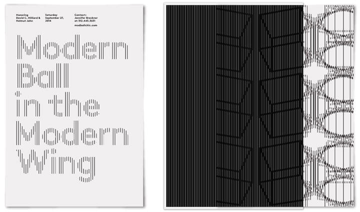 Two posters: Left, a minimalist white poster with text "Modern Ball in the Modern Wing" using vertical lines for each letter. Right, a black and white graphic design with vertical lines creating abstract patterns, including a section resembling chairs.