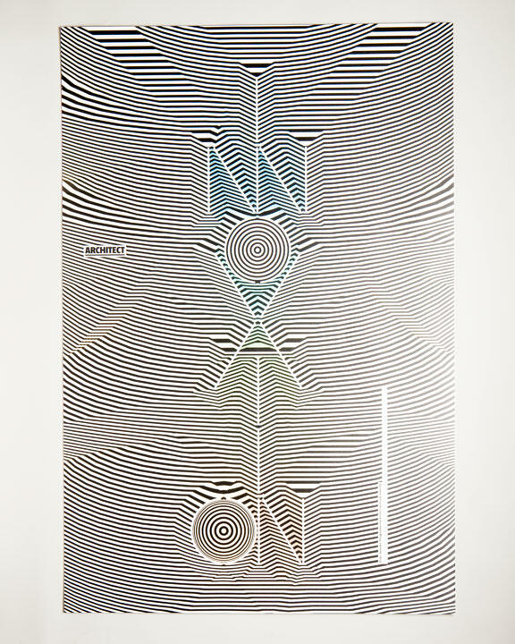 Black and white graphic poster with concentric lines forming words in a zigzag pattern.