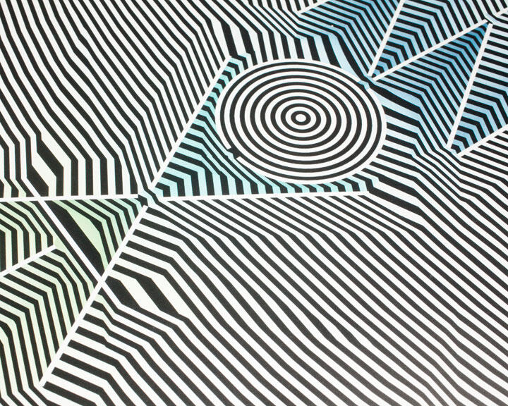 Abstract design with black and white stripes forming geometric patterns. Circular and triangular shapes are interwoven, with touches of blue and green hues, creating a sense of optical illusion.