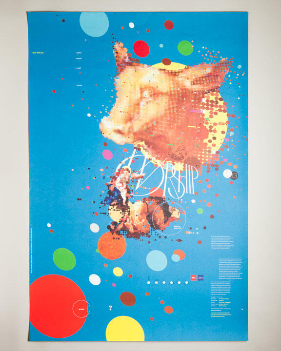 Abstract graphic poster with a large orange pixelated animal face against a bright blue background. Various colorful circles of different sizes are scattered throughout, creating a dynamic and vibrant design.