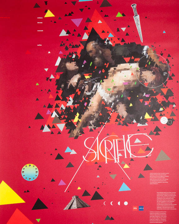 Red graphic design poster featuring pixelated figures amidst colorful triangles, a floating knife, and decorative elements with the word "SACRIFICE" in elegant script.