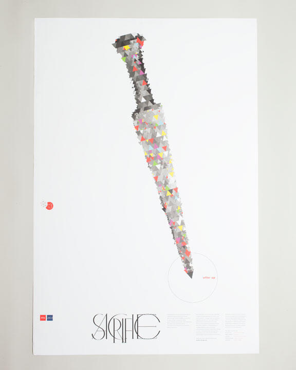 Abstract design of a dagger formed by colorful, overlapping triangles on a white background. Text elements appear below the dagger.