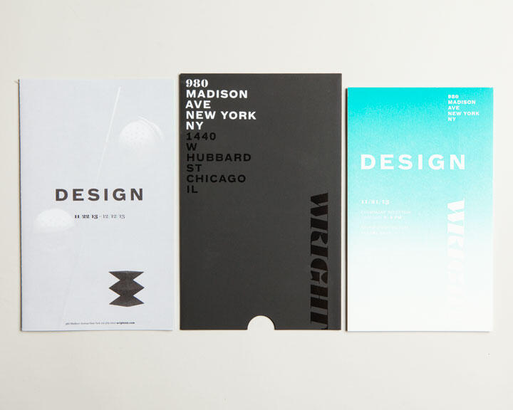 Three design brochures are displayed. The left is white with "DESIGN" in bold; the middle is black with the address and "WRIGHT" in vertical bold text; the right is blue gradient with "DESIGN" and "WRIGHT" in white text.