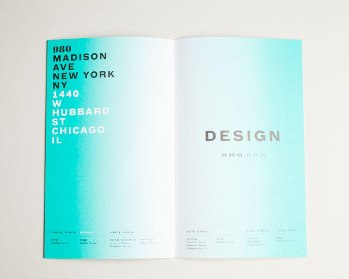 An open booklet with a gradient turquoise-to-white background. The left page features a New York and Chicago address in black and white text. The right page displays the word "DESIGN" in bold gray letters, surrounded by smaller text.