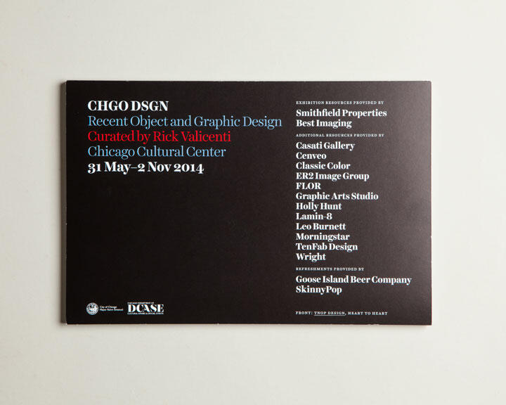 CHGO DSGN exhibition flyer with white text on black background, listing event details and contributors. Curated by Rick Valicenti, held at Chicago Cultural Center from May 31 to November 2, 2014. Includes sponsor and resource names.